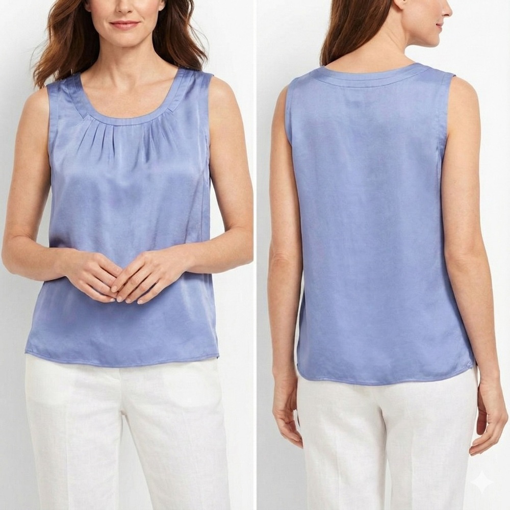 Talbots Petites Top Med Periwinkle Blue Silky Sleeveless Shell Pleated Tank